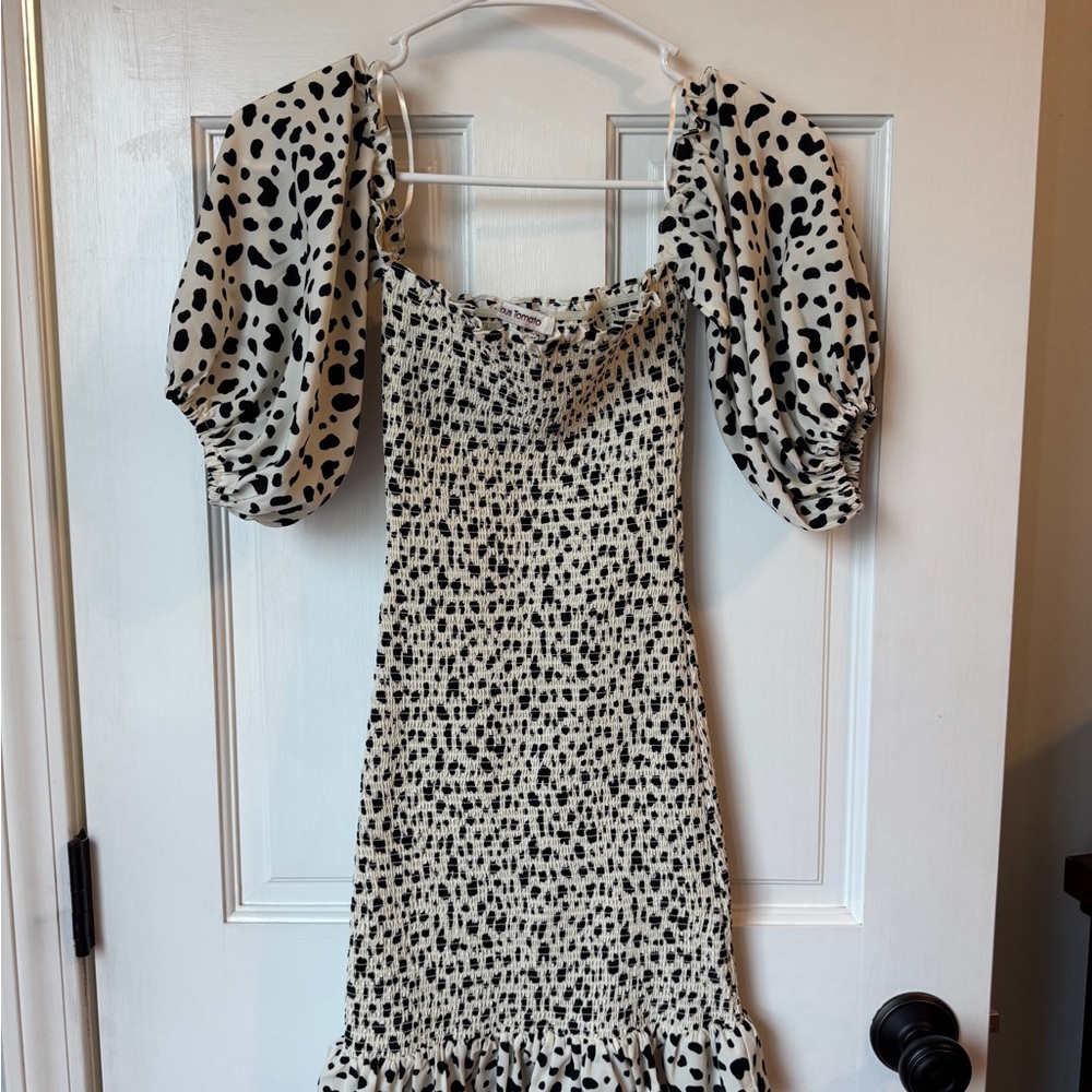 Black and White Puff Sleeve Dot Midi Dress